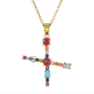 X Initial Pendant Necklace Multi-color Rhinestones Gold Tone Chain